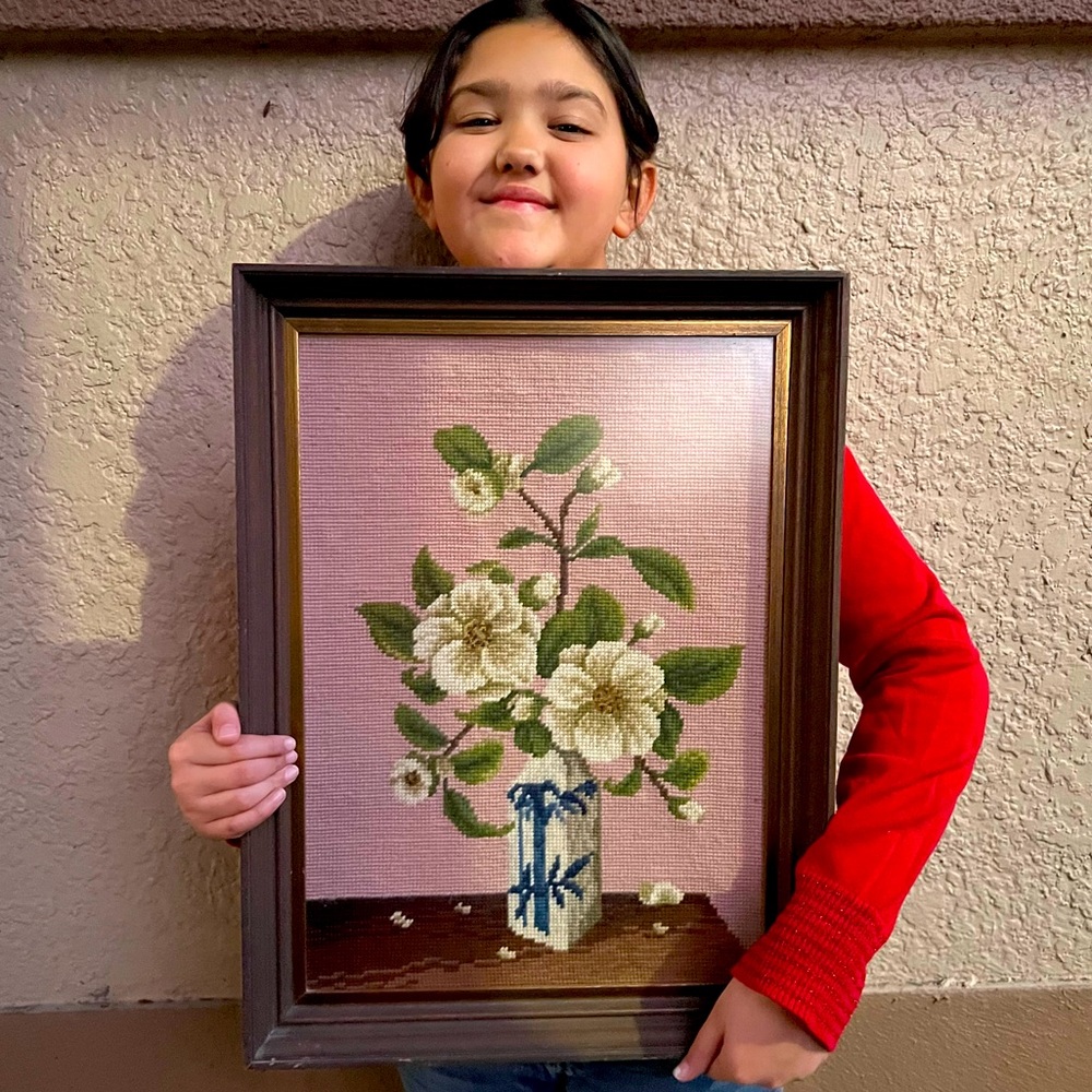 Vintage 60’s/70’s Florals Still Life Needlepoint, Blue Flow Vase, Framed Art